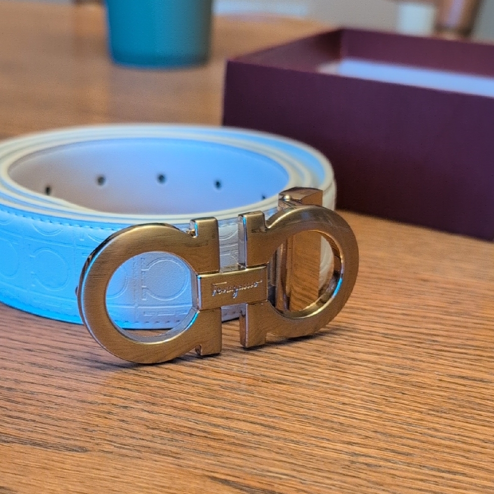 Salvatore Ferragamo Blue Belt with Gold Buckle
